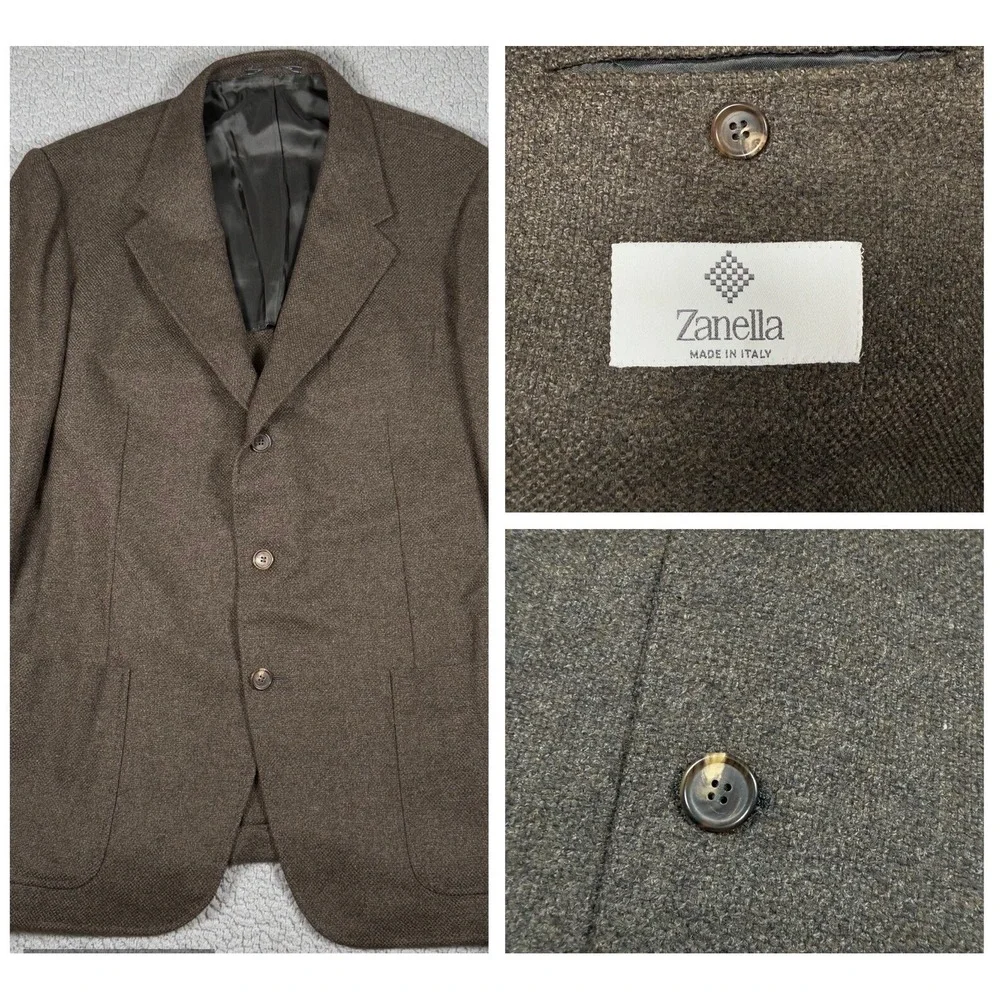Zanella Blazer Mens 44R Brown Herringbone Wool Cashmere Blend Sports Coat Tweed